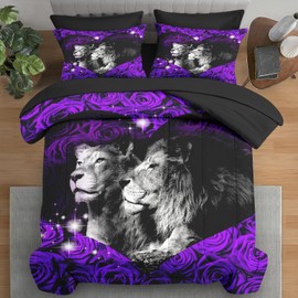 Pamnest Comforter Set King Size, Lion African Purple Rose 7 Pcs Bedding for Kids and Adults, Wild Love Cat Bed Sheet Sets with Fitted Sheet 2 Pillowcases & 2 Shams for Bedroom Bed Decor