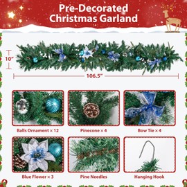 NALONE Pre-Lit Christmas Garland with Lights and Timer, 106 Inch Blue Garland Christmas Decorations, Battery Operated Xmas Garland with Pinecones, Balls and Ornaments for Stairs Wall Door (Blue)