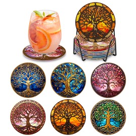 MOGTAA 6 Pcs Tree of Life Diamond Painting Coasters Kit with Holder, 5D Diamond Art Coasters Kits for Adults Kids Beginners, DIY Diamond Painting Coaster Sets Landscape Gem Painting for Home Decor