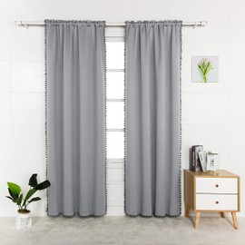 LORDTEX Pom Pom Blackout Curtains for Bedroom, 42 x 84 inch, Silver Grey, Set of 2 Panels - Thermal Insulated Curtains, Sun Light Blocking Rod/Pole Pocket Window Drapes for Living Room