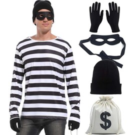 JUANSI Adult Halloweent Robber Costume Set Black and White Striped Tee Shirt Canvas Bag Gloves Eye Patch and Beanie Cap (Male, XXXL)