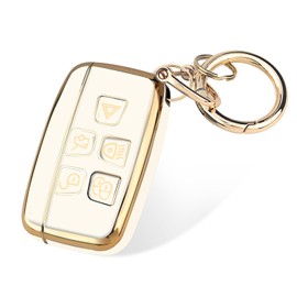 FT FUNTOR Key Fob Cover for Range Rover,5 Buttons TPU for Land Rove Key Fob Cover with Golden Edge,Compatible with Land Rove LR4 Range Rover Sport Evoque Jaguar XJ F-pace (B-White)