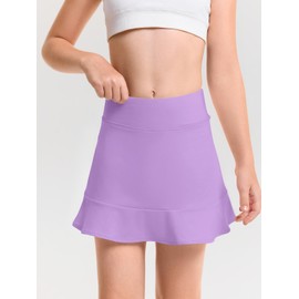 Haloumoning Girls Athletic Tennis Golf Skirts with Shorts Kids High Waist Ruffle A-line Skorts with Pockets 5-14 Years, Lilac, 9-10 Years
