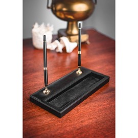 Dacasso Black Leather Double Gold Accents Pen Stand