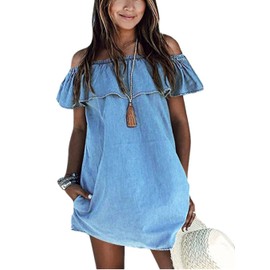 OQC Women's Blue Jean Dress Off Shoulder Ruffle Short Sleeve Loose Denim Mini Dress with Pocket