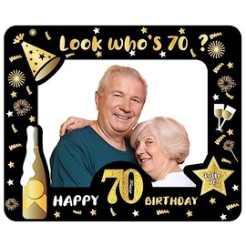YAAVAAW Happy 70th Birthday Photo Booth Props - Black Gold Inflatable Party Selfie Frame, 70th Birthday Decorations