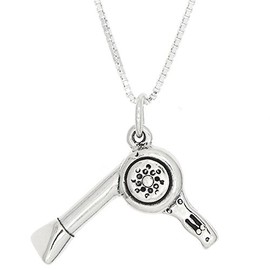 LGU Sterling Silver Oxidized Three Dimensional Hair Dryer Blow Dryer Necklace (24 Inches)