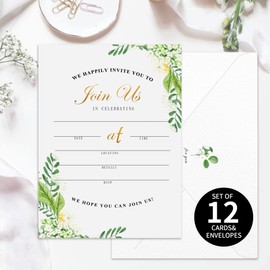Set of 12 Invitations with Envelopes for all Occasions, Blank Fill-in Floral Watercolors Invites Perfect for: Wedding, Bridal Showers, Engagement, Birthday Party or Special Event (686)