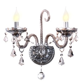 Crystal Wall Sconce Lighting, 2 Lights Retro Elegant Crystal Drops Shade Wall Lamp, Country Style Decor Grey Porch Wall Lights, Wall Sconces for Living Room, Bedroom, Hallway of CRYSTOP (E12 Base)