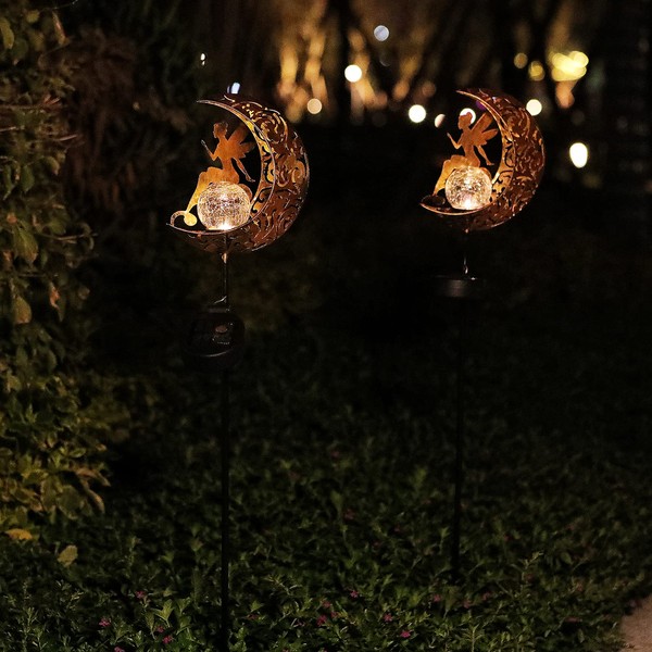 LCHPMY Garden Solar Lights, Metal Moon Fairy Solar Stake Lights with Crackle Glass Ball，Outdoor Decorative Lights Waterproof for Walkway, Yard, Lawn, Patio or Courtyard (2 Pack)