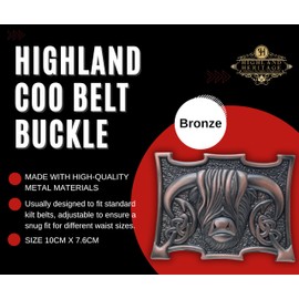Scottish Heilan Coo Kilt Belt Buckle – Highland Cow Pewter Buckle, Elegant Celtic Accessory for Men, 10cm x 7.6cm (Bronze Finish)