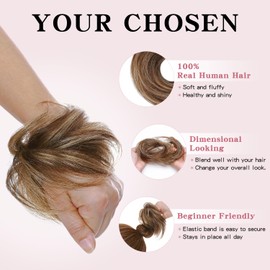 TESSHAIR Human Hair Messy Bun Hair Piece Scrunchie Women’s Hair Pieces for Updos Style Wavy Hair Extension Scrunchie Medium Brown & Dark Blonde#4P27