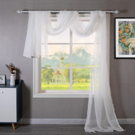 LoomLuxe Solid Sheer Window Scarf Valance Pom Pom Trimmed Elegant Sheer Voile Home Decor Topper Long Window Treatment for Wedding Party Girls Room Bed Canopy Scarves 52X144 Inch White