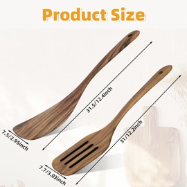 2pcs Wooden Spatula for Cooking, Solid & Slotted Wood Spatula Set with Long Handle Wooden Cooking Utensils for Kitchen Tools & Gadgets Frying Baking Mixing Serving