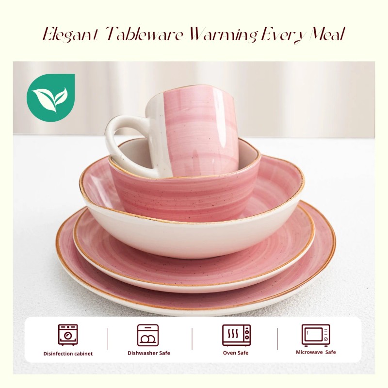 16pc Pink Irregular Sonoma Ceramic Stoneware Dinnerware Set Elegant Partical