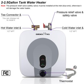110V-120V 1440-1500W Small Under Sink Tank 2.5 Gallon Water Heater Hot Storage,Mini Instant Electric RV TR Trailer Kitchen Compact,Food Truck 2 PCs 16” Long 1/2”FIP Stainless Steel Hose (BI-2.5)