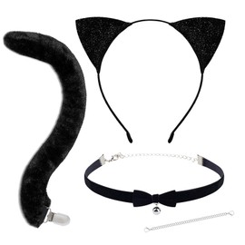 YESELR 3PCS Cat Costume Accessories for Women, Black Cat Ears Headband and Tail Bell Collar Set for Halloween Party Cosplay Dress Up