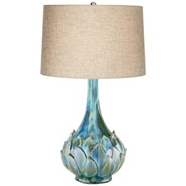 Possini Euro Design Kenya Modern Table Lamp 29 1/2" Tall Blue Green Reactive Glaze Ceramic Beige Linen Tapered Drum Shade for Bedroom Living Room House Home Bedside Nightstand Office Entryway Kids