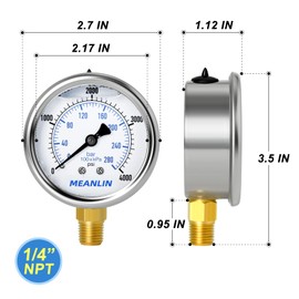 MEANLIN MEASURE 0~4000Psi Stainless Steel 1/4" NPT 2.5" FACE DIAL Liquid Filled Pressure Gauge WOG Water Oil Air Lower Mount, with 1/4" x 1/2" NPT and 1/4" x 3/8" NPT Hex Bushing