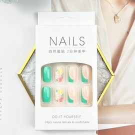 Flower Press on Nails Medium Square Acrylic Pink Cyan Fake Nails Colorful Flower Designs Spring Glue on Nails for Women Summer French Tip Press on Nails 24 Pcs