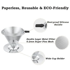 Pour Over Coffee Dripper, Stainless Steel Reusable Coffee Filter, Paperless Coffee Maker Cone Coffee Filters with Fine Mesh Double Layer for 1-2 Cup