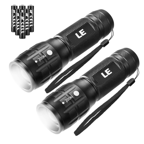 LE LED Flashlights LE1000 High Lumens, Small and Extremely Bright Flash Light, Zoomable, Water Resistant, Adjustable Brightness for Camping, Running, Emergency, AAA Batteries Included, 2 Packs