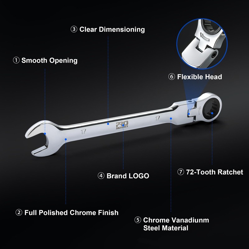 Prostormer 14-Piece Metric Flex-Head Ratcheting Wrench Set, 6-19mm Combination Wrench
