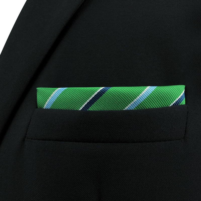 [S&W SHLAX&WING] Men's Striped Pocket Square Kelly Green Blue Stripe