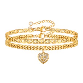 GLIJWELE Initial Gold Ankle Bracelets for Women, 14k Gold Filled Layered Cuban Link Waterproof Initial C Mariner Anklet Bracelets for Women Jewelry Gifts