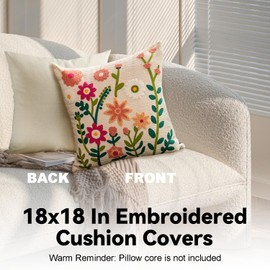 Embroidered Cushion Covers 45x45cm, Decorative Floral Pattern Throw Pillow Covers with Zipper for Bedroom, Living Room, Farmhouse Decor, Soft Aesthetic Pillowcase Covers