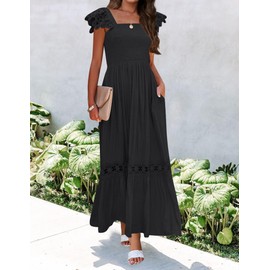 ZESICA Women's 2024 Summer Lace Strap Sleeveless Square Neck Smocked High Waist Ruffle Hollow Out Flowy A Line Maxi Dress,Black,Small