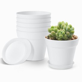4 Inch Plastic Plant Pots 6 Pack, Small Flower Pots with Drainage Holes and Tray, Thickened Indoor Planters Seedlings Nursery Pots, African Violet, Succulent and All House Plants, White