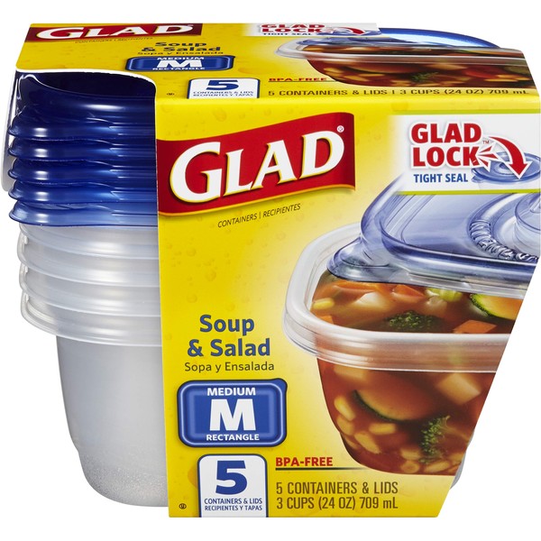 GladWare Soup & Salad Food Storage Containers for Everyday Use | Medium Rectangle Containers for Food Storage | Containers Hold up to 24 Ounces of Food, 5 Count Set