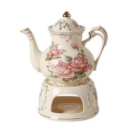 OptmAVth Ceramic Teapot&Tea Set, for Outdoor or Indoor Leisure, Heatable and Removable, with 4 Cups, a Sugar Bowl and Milk Jug, Rose White