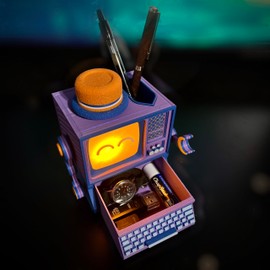 Light-Up Retro Storage Buddy for a Cozy Desk, Computer Pen Cup With Sliding Drawer Organizer, Functional Aesthetic Mood Lighting Décor