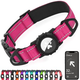 Joytale Airtag Dog Collar, Reflective Pet Collar with Waterproof AirTag Holder, Dual D-Rings, Soft Padded Adjustable for Medium Dogs, Hotpink, M