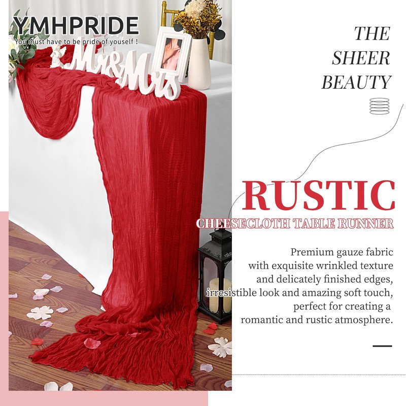 YMHPRIDE 6 Packs Cheesecloth Table Runner Red, 55x300cm Rustic Gauze