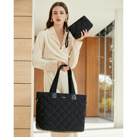 Prite Tote Bag for Women Puffer Shoulder Tote with Compartment Quilted Work Bag with Laptop Sleeve(Black)
