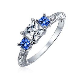 3CTW Antique Vintage Style Milgrain Simulated Blue Sapphire Alternating Three Stone Princess Solitaire AAA CZ Anniversary Engagement or Wedding Ring Set For Women .925 Sterling Silver