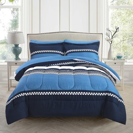 Marina Decoration Ultra Soft Luxury Fluffy Goose Down Alternative Bed in a Bag Bedding Printed 7 Piece Comforter Set Includes 4 Piece Sheet Set, Navy Blue Geometric Stripes Pattern Double/Full Size