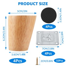 FWEEK Pack of 4 Wooden Furniture Feet, Table Legs, Wood 6 cm, Wooden Feet for Furniture, Oak Robust Furniture Legs, Furniture Feet, Sofa Feet with Mounting Plates and Screws for Cabinet, Chairs, Sofa