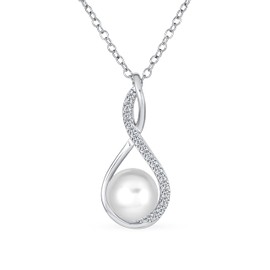 Elegant Bridal Forever Knot Intertwined Infinity Teardrop Cultured Freshwater White Pearl Necklace Pendant For Women Wedding CZ Pave Accented Twist .925 Sterling Silver 16-18 Inch