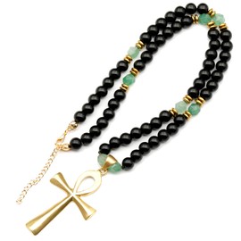 ElisaJewelryArt - Unique Ankh Cross Pendant Green Aventurine Beaded Necklace Genuine Gemstone Healing Stone Clasp Closure Egyptian Unisex Necklace (22, Green Aventurine)
