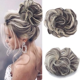 Gairyan Hairpiece with Elastic Band, Bun Hairpiece, Curly Hair Scrunchie with Hair Extensions, Synthetic Ponytail Hairpieces, Messy Bun Hair Bun Updo Hairstyles for Women, Dark Brown & Bleach Blonde