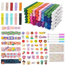 Cheer Pins Clips de espíritu 112 piezas de madera de colores para mochilas incluyen 50 alfileres de madera para animar, 10 clips de pelo, 50 mini animales de resina, 2 calcomanías de gemas para