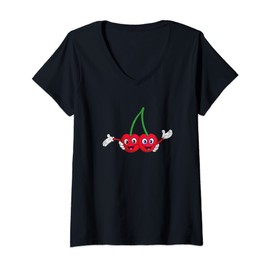 Womens Cute Cherry Fruit Lover Design Happy Twins Cherries Berry V-Neck T-Shirt