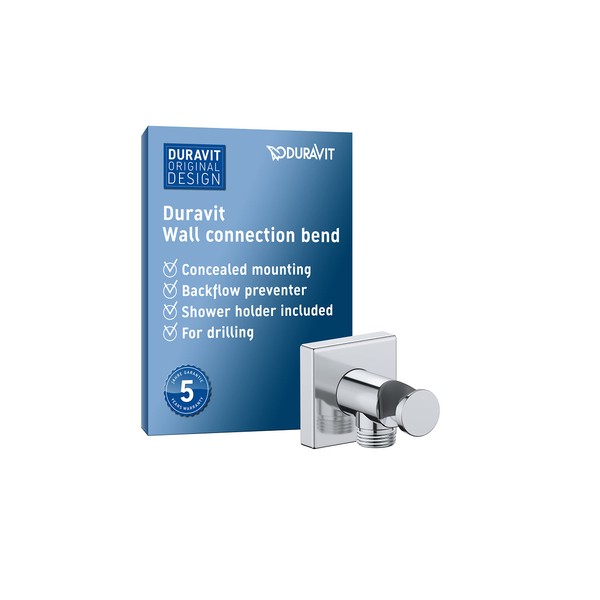 Duravit Universal Wall Outlet, Wall Outlet with Shower Holder, Square Wall Connection Elbow, Chrome