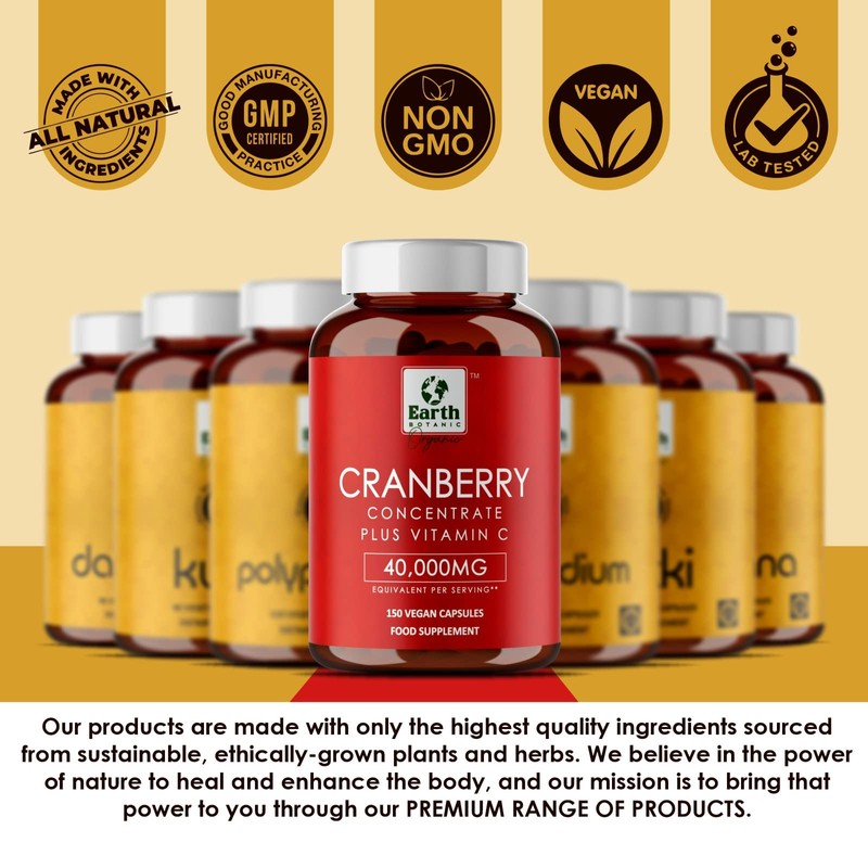 Earth BOTANIC Organic Cranberry Capsules 40,000mg High Strength | 150