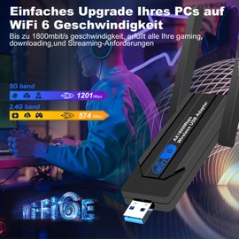 USB WiFi Adapter for PC - 1800Mbps USB 3.0 WiFi 6 Adapter for Desktop PC Laptop with 2.4G/5G Dual 5dBi Antennas, Wireless Network Adapter with Latest WPA3, Plug & Play, Supports Windows 11/10
