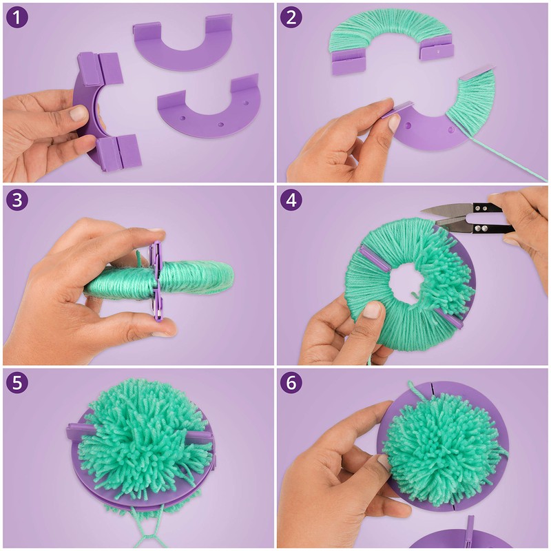 Curtzy Plastic Pompom Maker Set (6 Pack) with Cutting Scissors